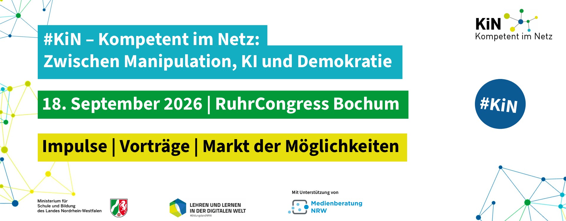 Titelbild zu Kompetent im Netz 2026 am 18. September 2026 im RuhrCongress Bochum mit Impulsen, Vorträgen und einem Markt der Möglichkeiten.