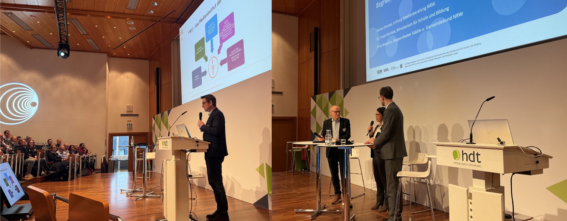 Bildcollage. Links im Bild Speaker Andreas Koschinsky. Rechts im Bild Eröffnungsrede mit Stefan Drewes, Frau Dr. Reinlein und Thilo Wassem.