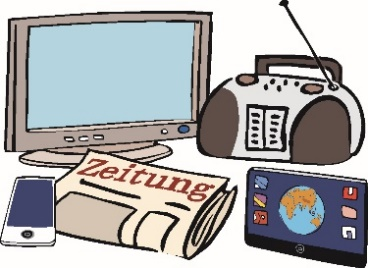Piktogramm: Es sind viele Medien zu sehen, wie Zeitung, Radio und Smartphone.