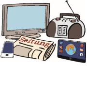 Piktogramm: Es sind viele Medien zu sehen, wie Zeitung, Radio und Smartphone.